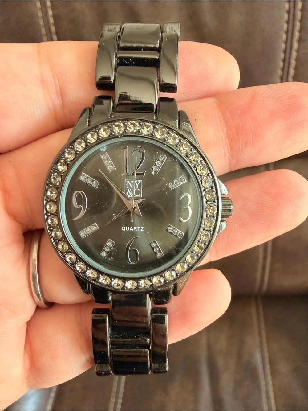 •NY&C• Black/Silver/Crystal Quartz Wrist Watch with Metal Link Band (untested)